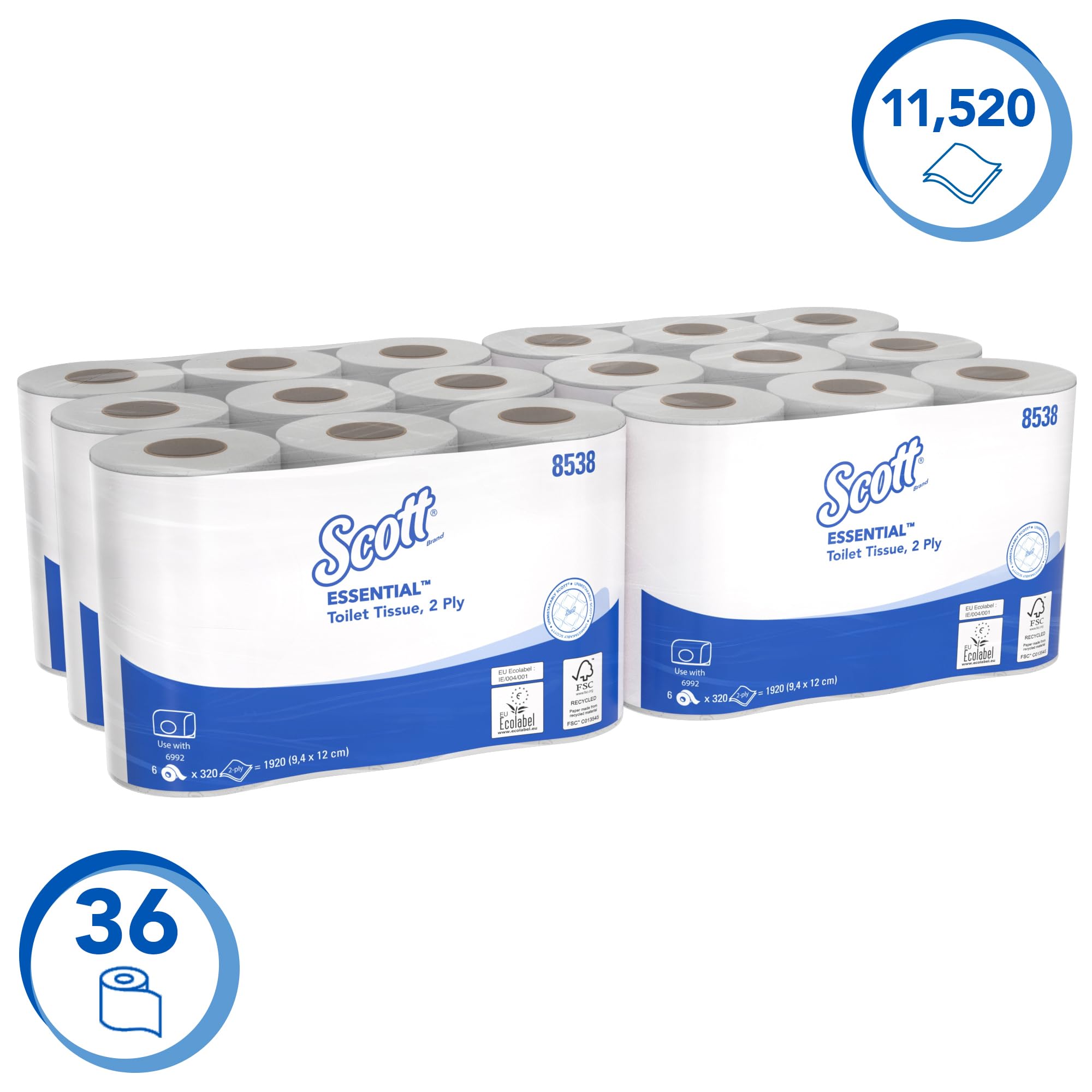 Scott Essential Toilettenpapier Standardgröße 8538, 2-lagiges Klopapier, weißes FSC-zertifiziertes WC-Papier, Standardgröße, 36 Rollen x 320 Blatt, (insg. 11.520 Blätter)