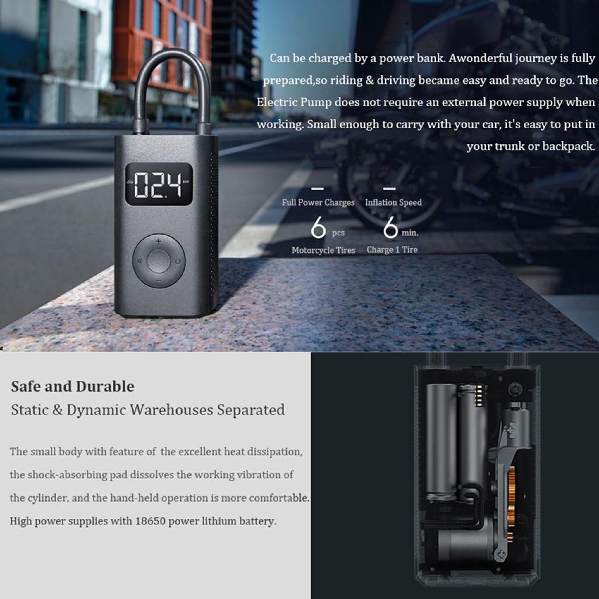 Mijia Compressore d'aria portatile 2000 mAh 0.2-10.3 bar 3-150 psi USB-C nero