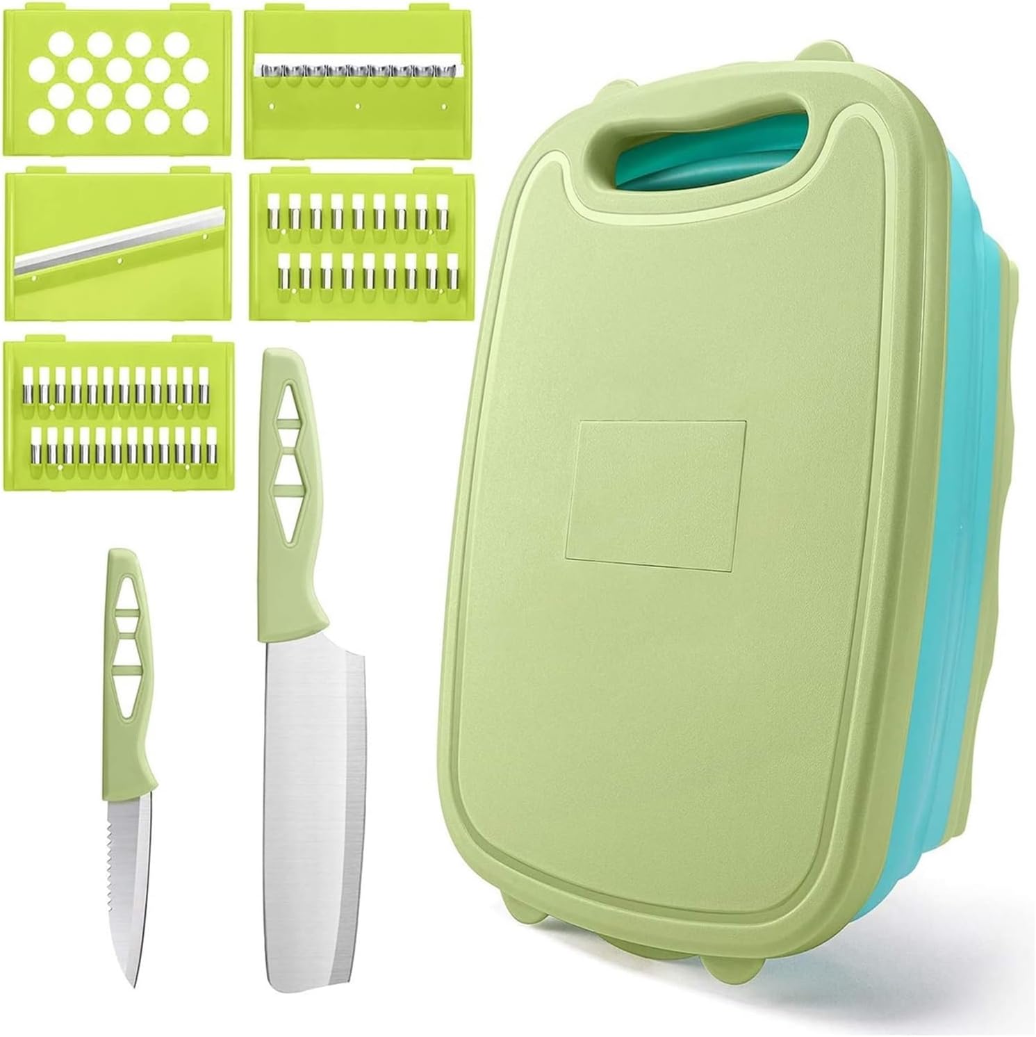 Foldable Cutting Board Kitchen Sapce Saving Kitchen Vegetable Washing Basket Portable Outdoor Camping Picnic Kitchen Too(9pcs green)