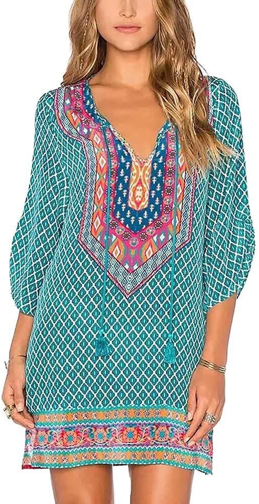 Women Bohemian Neck Tie Vintage Printed Ethnic Style Summer Shift Dress