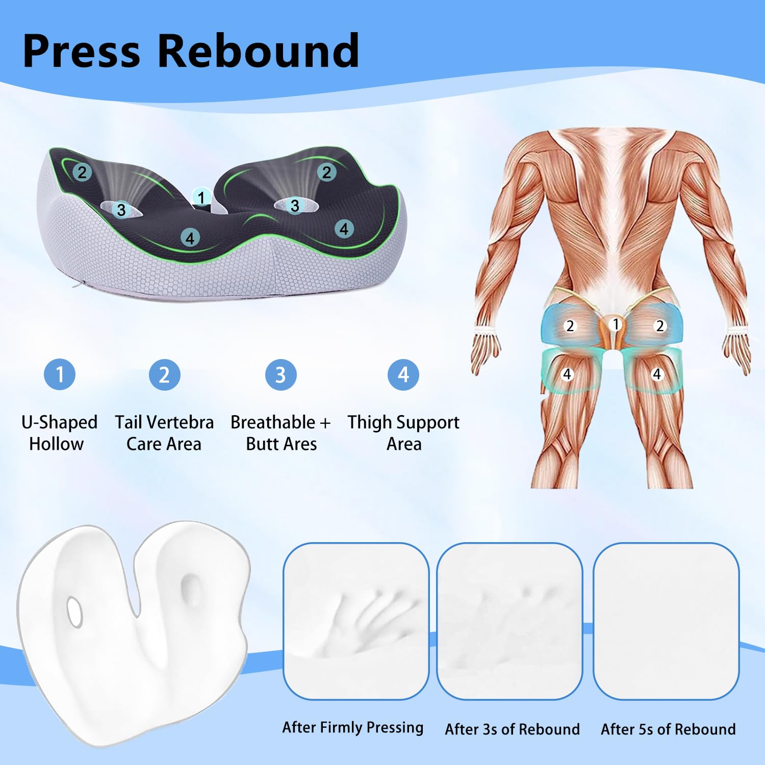 YXZN Orthopedisch zitkussen - Memory Foam Sit Bone Relief Kussen voor Butt Onderrug Hamstrings Heupen Ischial Tuberosity - Thuis, Kantoor, Auto