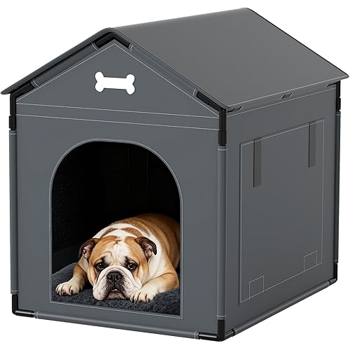 Large Dog House Indoor with Plush Cushion, Dog Kennel for Inside with Sturdy Frame, Waterproof Pet House Suitable for Small Medium Dogs, 27x21x27in, Gray