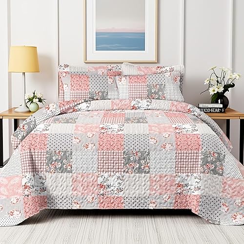 Floral Patchwork Quilt Set Queen - Pink Quilts for Queen