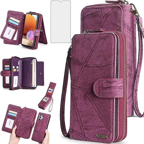 Miniatura 9 de Asuwish Funda de teléfono para Samsung Galaxy A32 4G de 6.4 pulgadas con cremallera, funda desmontable con protector de pantalla y soporte de