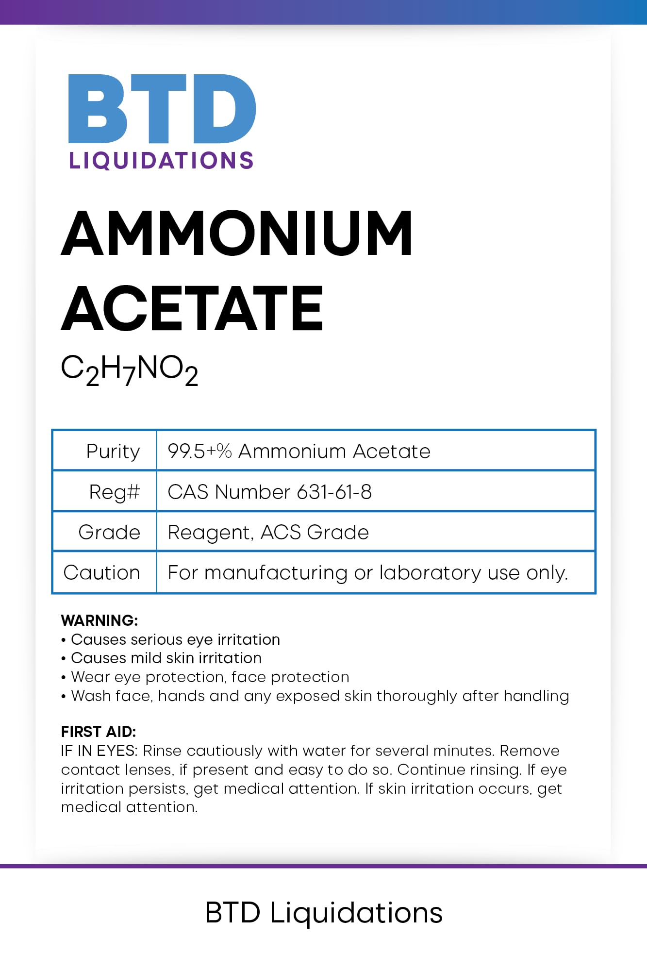 Ammonium Acetate Crystal Reagent, CAS 631-61-8, ACS Grade