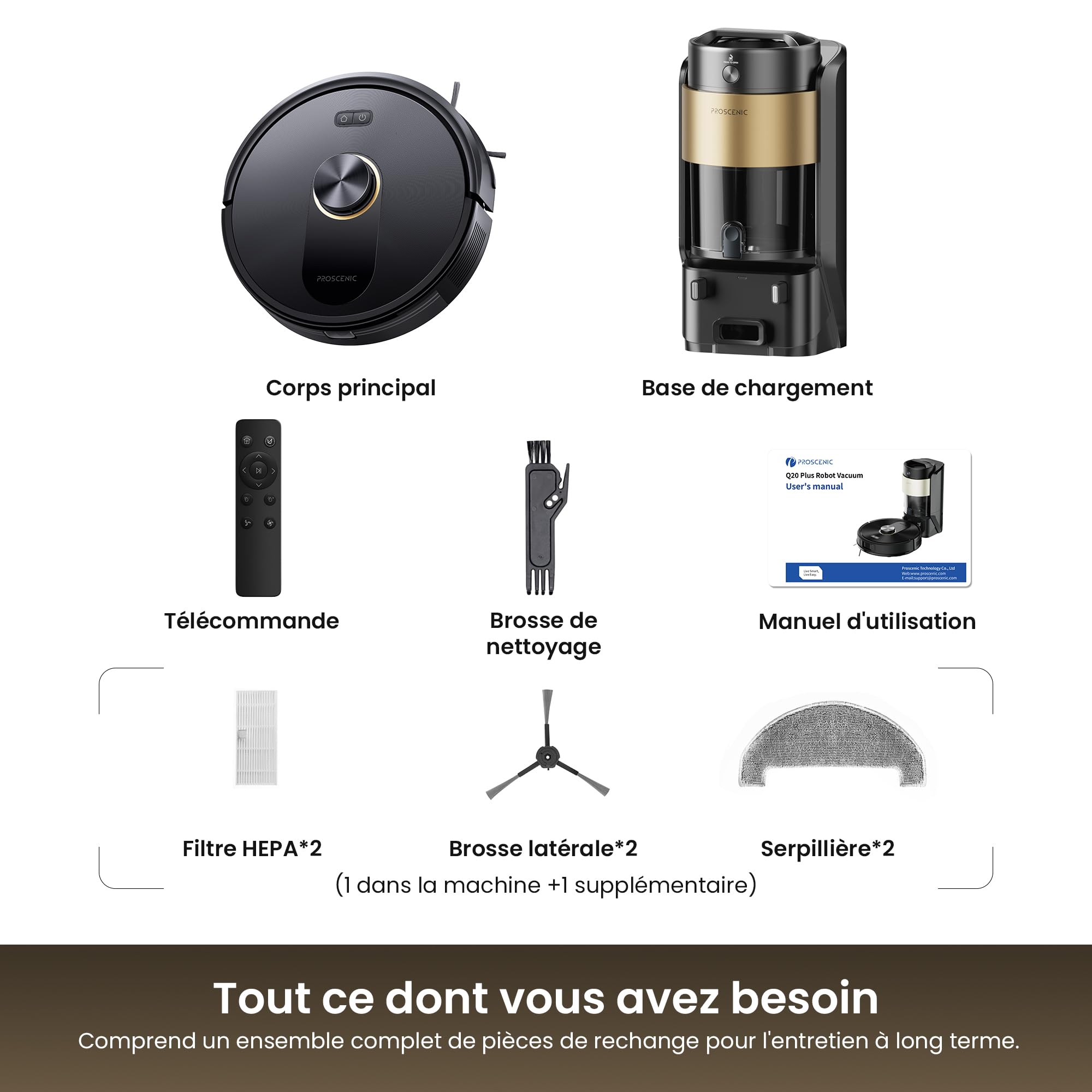 Proscenic Q20 Plus Robot Aspirateur Laveur 10000Pa avec Station Sans Sac Vidage Automatique,200Min Aspirateur Robot et Serpillière,Nav Lidar Cartographie,Évitement d'obstacles,Pour Poils Animaux Tapis