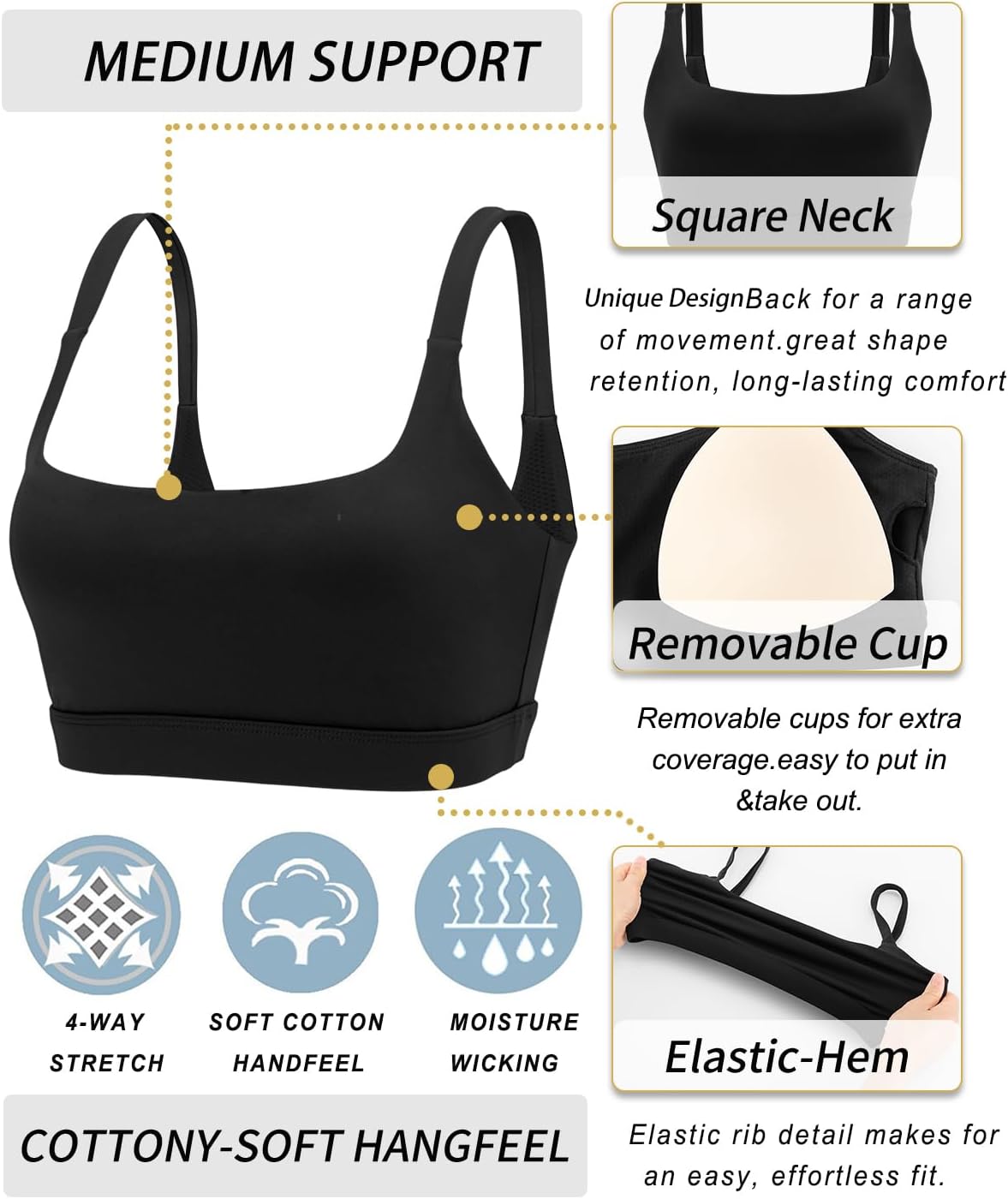 RUNNING GIRL Sports Bras for Women,Square Neck Sports Bra Medium Support Yoga Bra Workout Crop Top with Removable Cups - Image 5