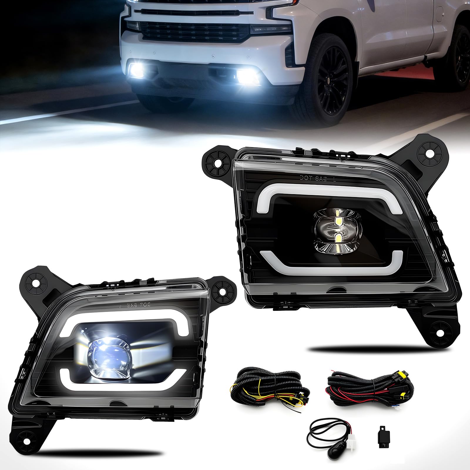 Boxlight LED with DRL Fog Lights Compatible with 2019-2023 Chevrolet Silverado 1500 2500HD 3500HD, Chevy Front Bumper Driving Fog Lights with Switch and Wiring Set