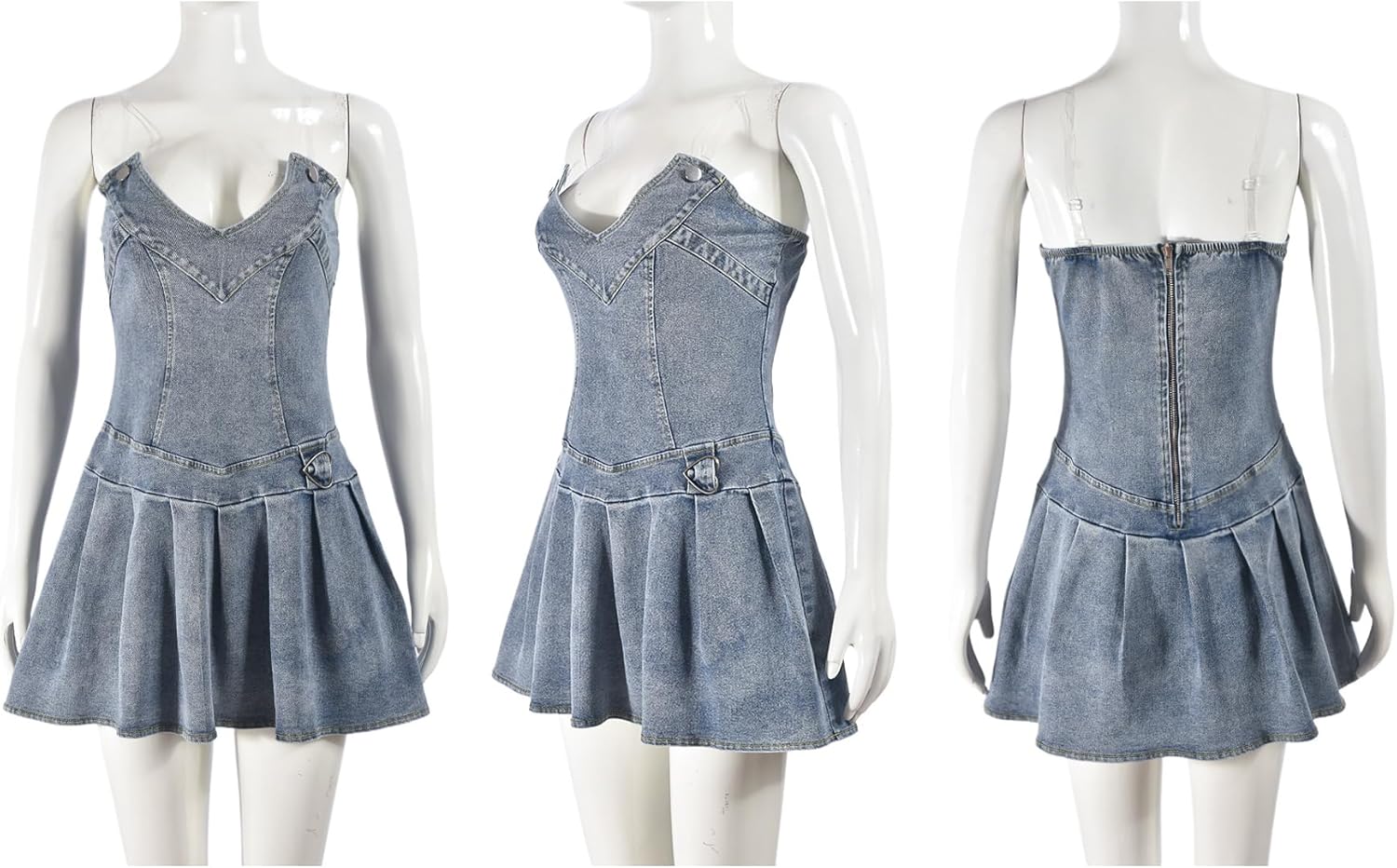 SHINFY Women Summer Denim Dresses Sexy Off Shoulder Strapless Bustier Corset Tube Pleated Mini Jean Dress - Image 4