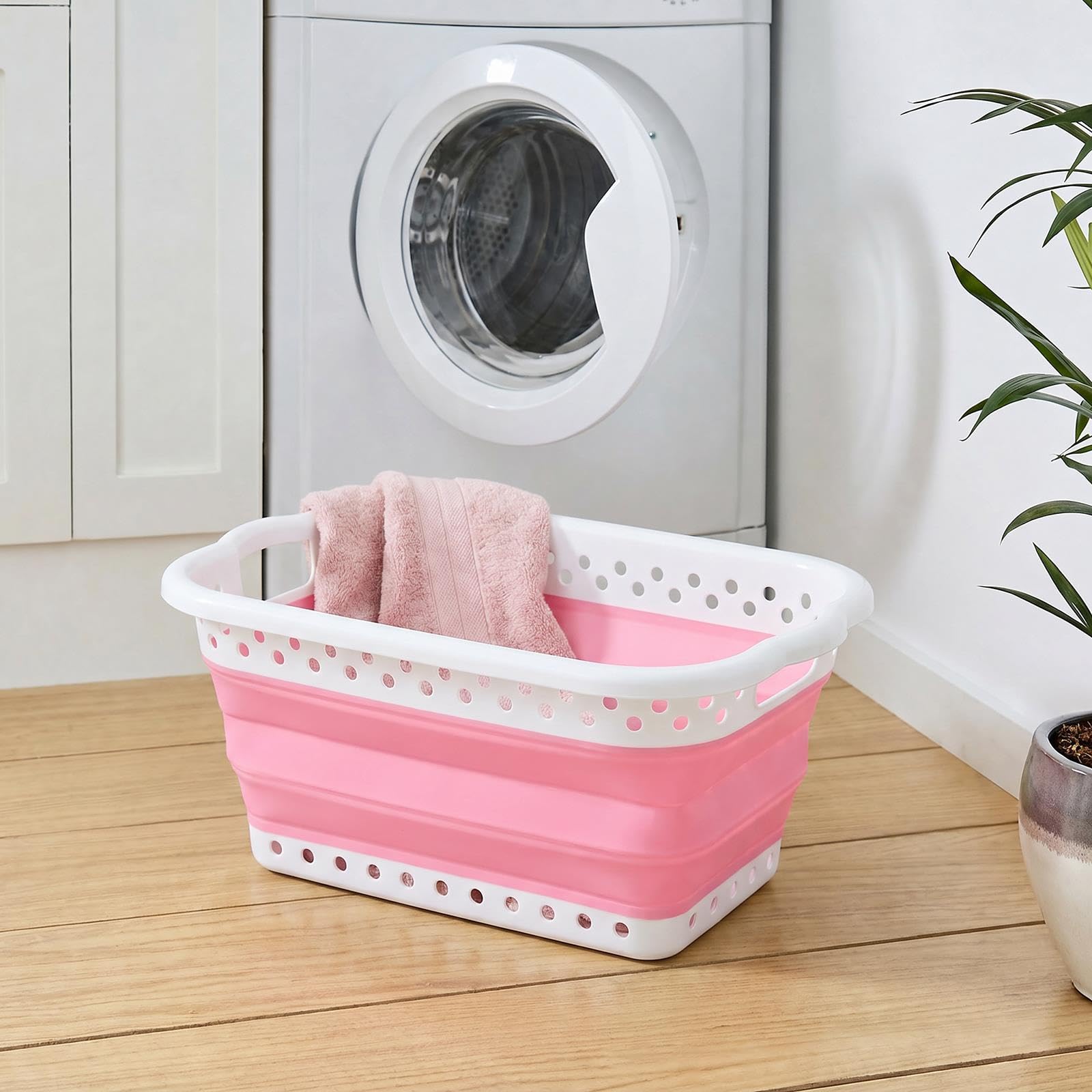 OHS Foldable Laundry Basket Plastic Portable Pop Up Washing Basket, Pink