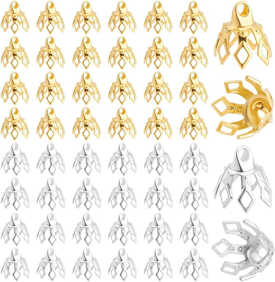 70Pcs Flower Bead Caps 8mm End Caps Toppers Brass Filigree Bead Cap Bails Antique Bronze End Charms with Loop for Bracelet DIY Crafts Earring Necklaces Ornament Pendant Jewelry