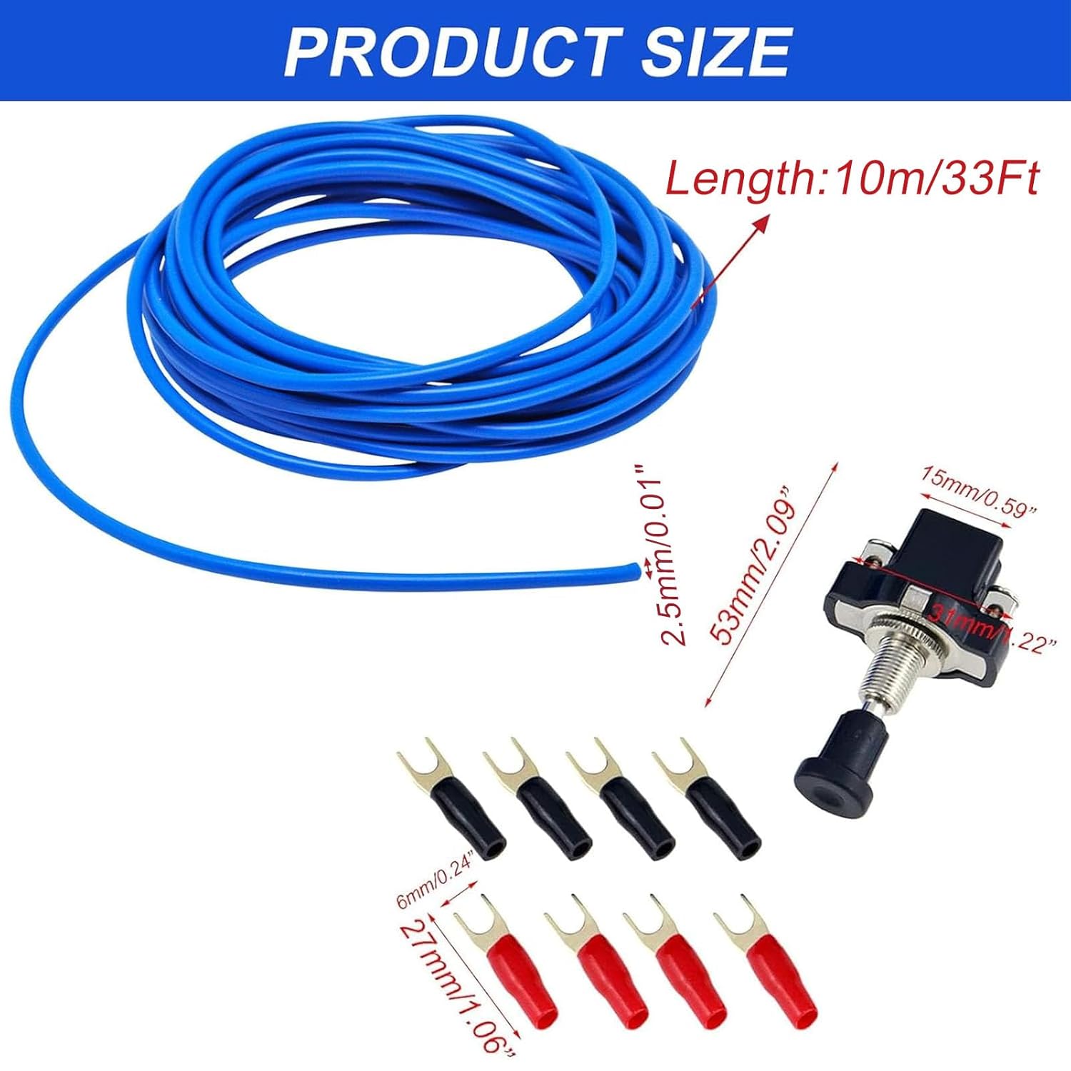 18 Gauge Wire 18 awg Stranded Wire PVC Cord Copper Cable 10M/33Ft Single Core Flexible Extension Power Cord Remote Wire for Amp Auto with Connection Terminals & Push-Pull Switch (Blue)