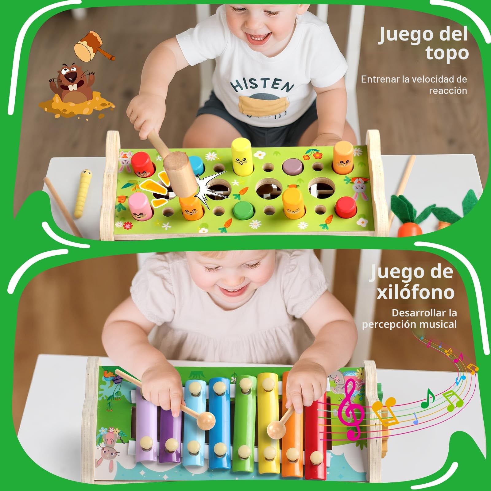 Fajiabao Juguetes Niños 1 Año Montessori, 7 en 1 Juguetes Madera con Xilofono Bebe, Whack-a-Mole, Desplumado de Nabos Juguete Bebe 1 Año Educativos Regalo Niño 1 2 año para Niñas