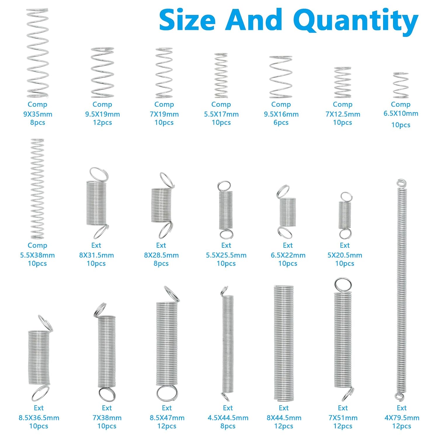 200pcs Extension Compression Spring Assortment Kit, 20 Sizes Metric Zinc Plated Steel Wire Springs Repair Set for Home Repairs Tool