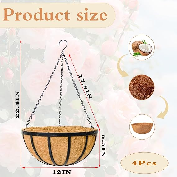 4 Pack 12 Round Metal Hanging Basket for Outdoor Plants Durable Large Hanging Planter with Coco Coir Round Plant Holders Planter for Outside Garden Decoration (Flat Iron)