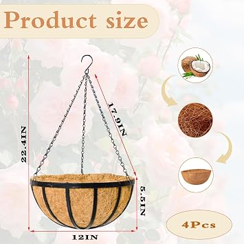4 Pack 12 Round Metal Hanging Basket for Outdoor Plants Durable Large Hanging Planter with Coco Coir Round Plant Holders Planter for Outside Garden Decoration (Flat Iron)