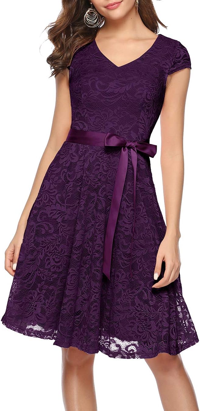 BeryloveWomen's Short Lace Bridesmaid Dress Formal Cocktail Party Dress Cap Sleeve Belt