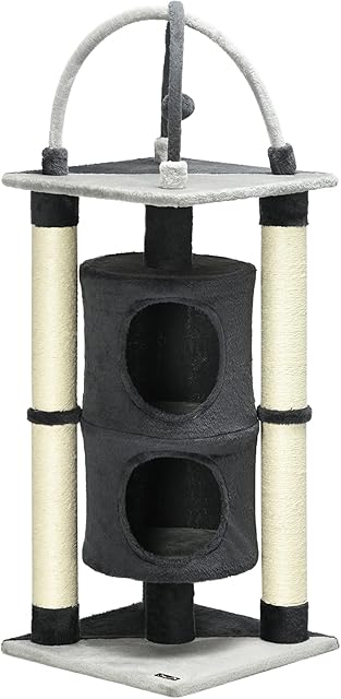 PawHut 114cm Cat Tree for Indoor Cats Kitten Play Tower w/ Jute Scratching Posts, Toy Ball, Cat House - Dark Grey