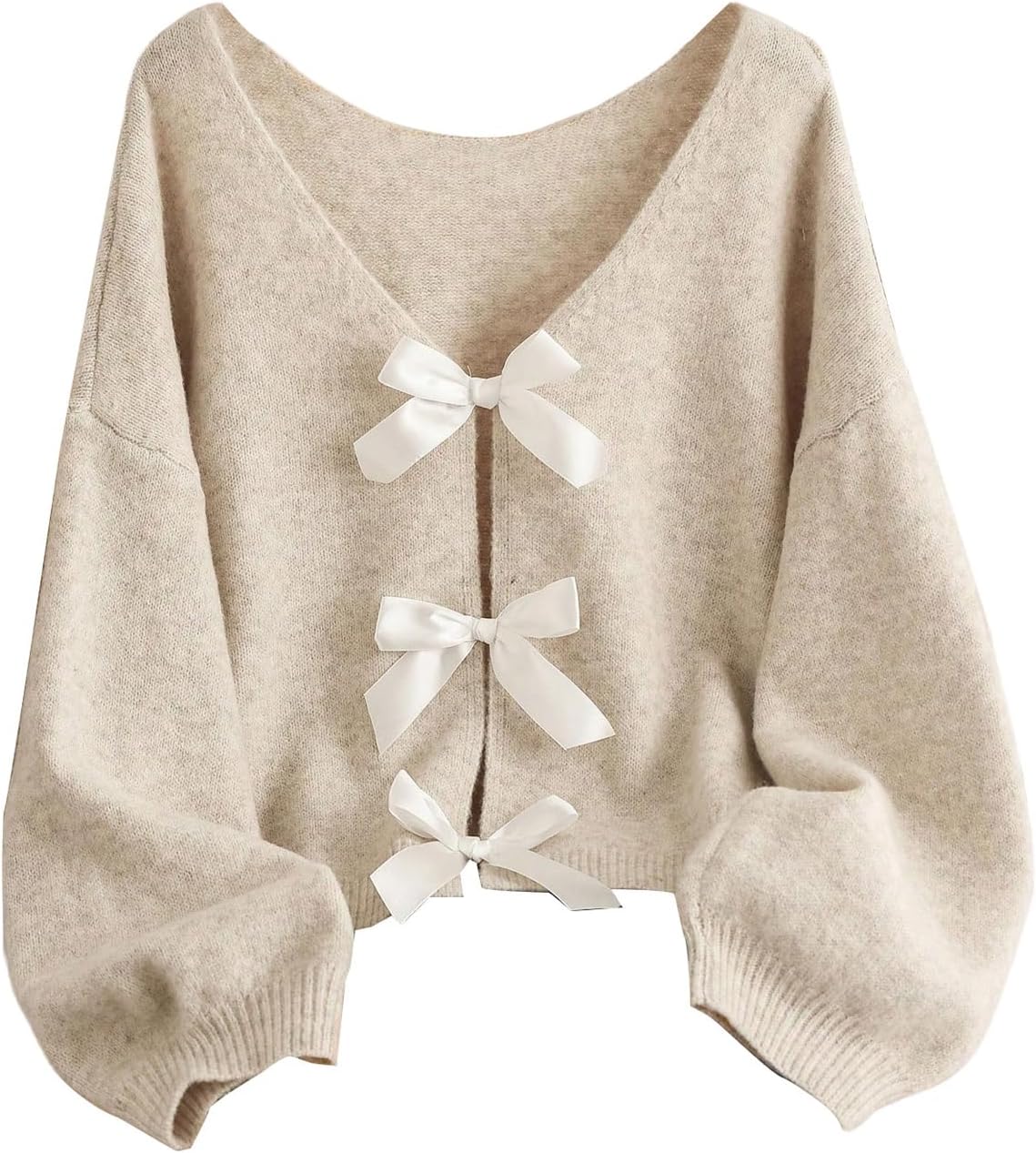 GORGLITTER Women's Plus Size Bow Cardigan Sweaters Cute Tie Front Lightweight Trendy Long Sleeve Knit Tops