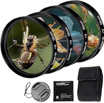 40.5mm Close-Up Lens Filters Kit 4 Pieces +1 +2 +4 +10 Macro Filter Set, Lens Cap & Clean Cloth - Compatible with Canon, Nikon, Sony, Pentax, Olympus, Fuji & More Camera Lenses 40.5mm