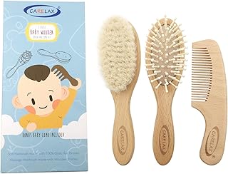 Baby Hair Brush & Comb Set, Organic Wooden Hairbrush Natural Goat Bristles 3-Piece for Newborns & Toddlers, Ideal for Crad...