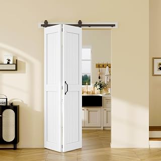 Easelife 48x84in Bifold Barn Door with Hardware Kit, White Sliding Closet Doors 2 Panels with 52'' Track, Waterproof MDF Folding Barn Door for Closet, Laundry Room,Easy Assembly Pre-Drilled