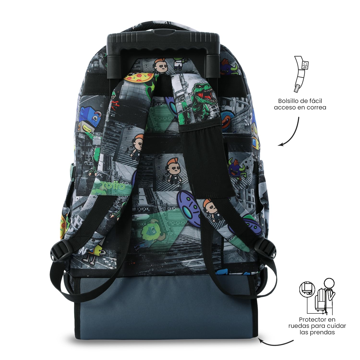 TOTTO - Mochila Escolar con Ruedas, Modelo Renglones, Capacidad 26,21 Litros, Bolsillo para PC 14", Bolsillo Botella, Correas en S para Mayor Comodidad, Resistente, Estampado Rolly Negro