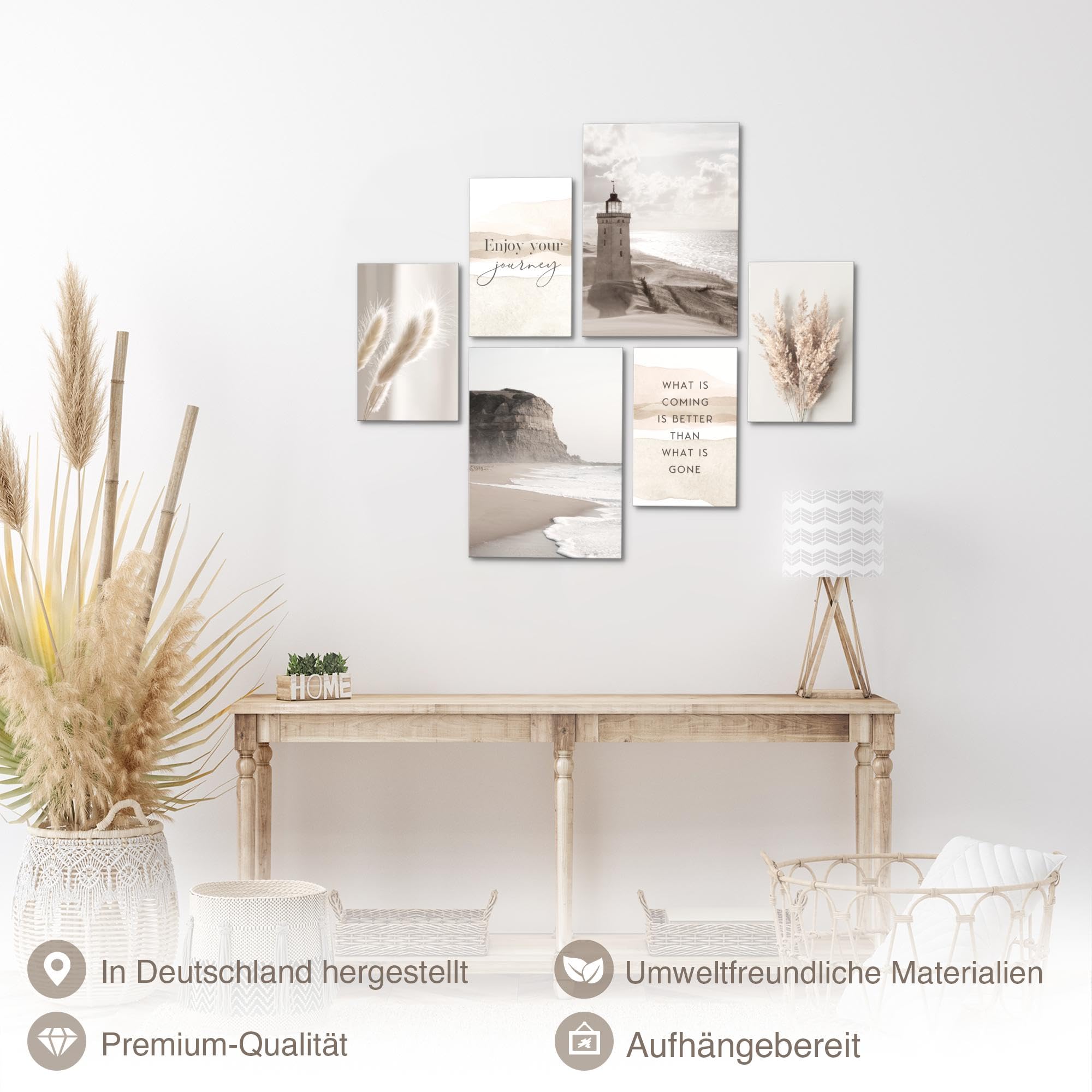 Novart Wandbilder Set Strand Meer Boho Beige - KEIN EXTRA RAHMEN BENÖTIGT - Modern Deko - Wohnzimmer Schlafzimmer Flur N033763a