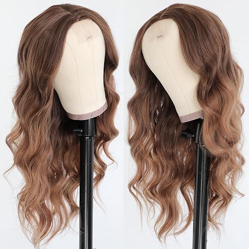 Miniatura 3 de QD-Tizer Pelucas largas onduladas de color marrón degradado para mujer, peluca rizada de color marrón caramelo, pelucas de repuesto de cabello