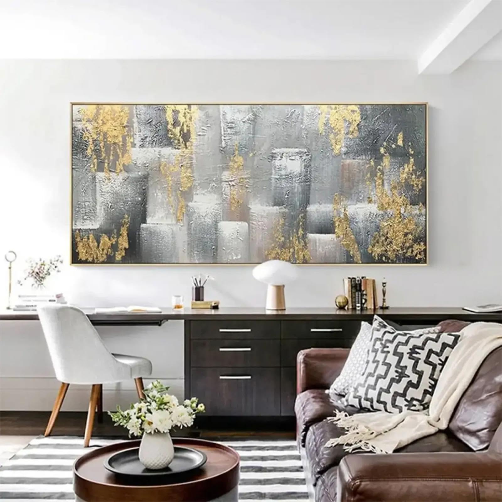 18meng Art Abstrakte Leinwand Bilder Gold Silber Leinwanddruck Wandbilder 80x60 cm XXL Modern Wohnzimmer Schlafzimmer Große Geometrische Kunstdruck Poster Decor Wandbild Aufhängefertig