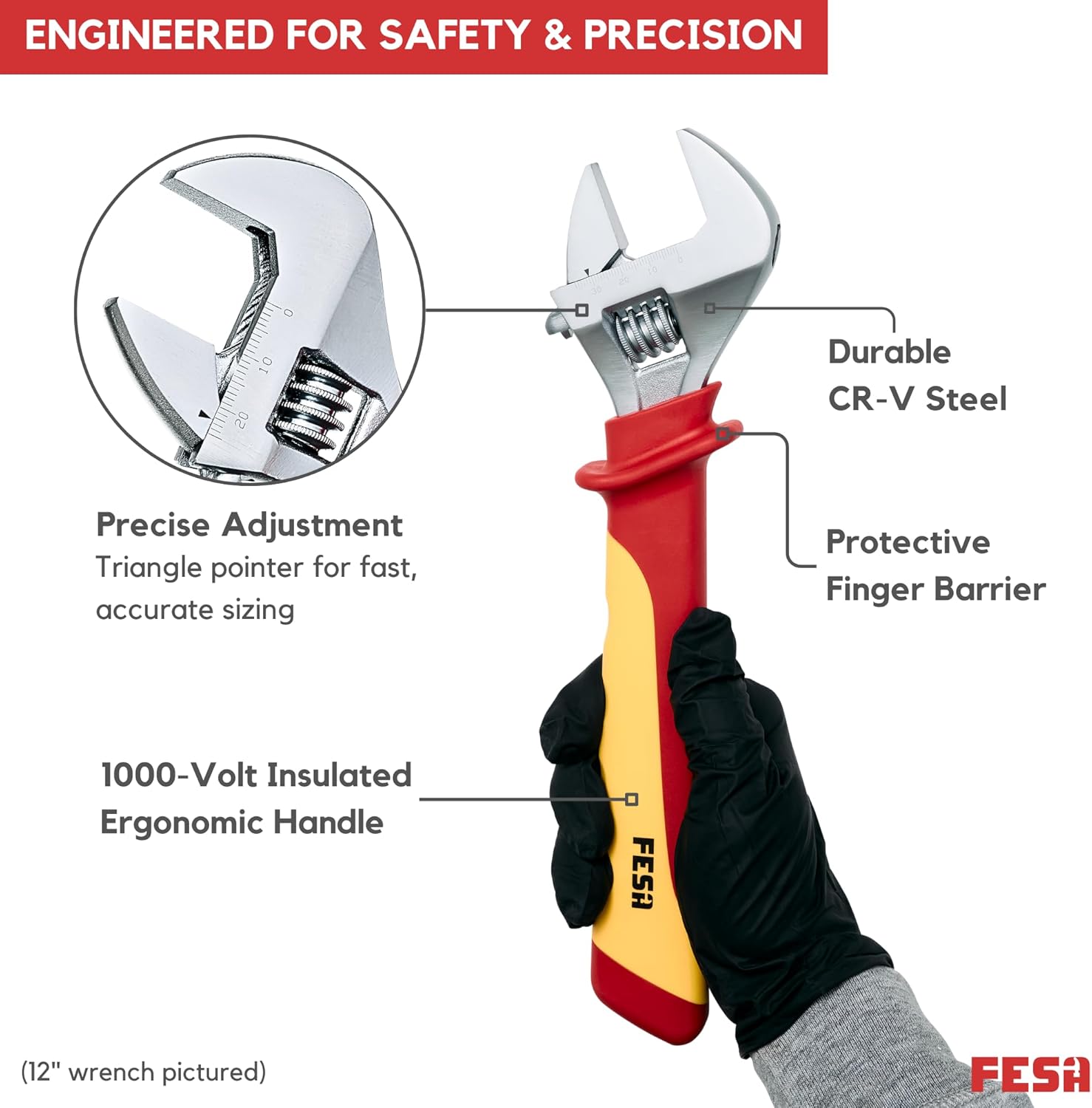 FESA Insulated Adjustable Wrench Set - 3-Piece 1000V Insulated Tool Set with Storage Pouch - Includes 3 Adjustable Wrenches (8", 10" & 12") - 1000 Volt Tools for Electricians