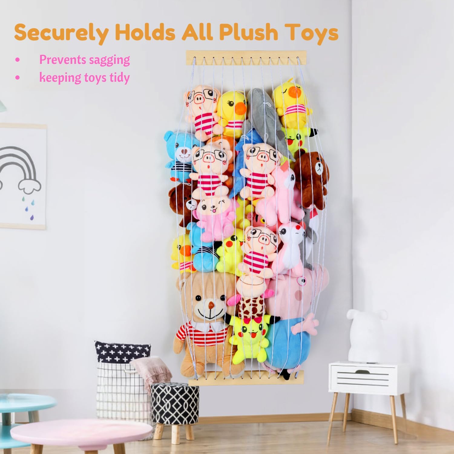 Stuffed Animal Storage Hammock Wooden Plush Toy Organizer for Kids Room Décor, Playroom Nursury Plush Toys Storage Caddy, Decoration Wall Hanging Stuffed Animal Net or Hammock Corner