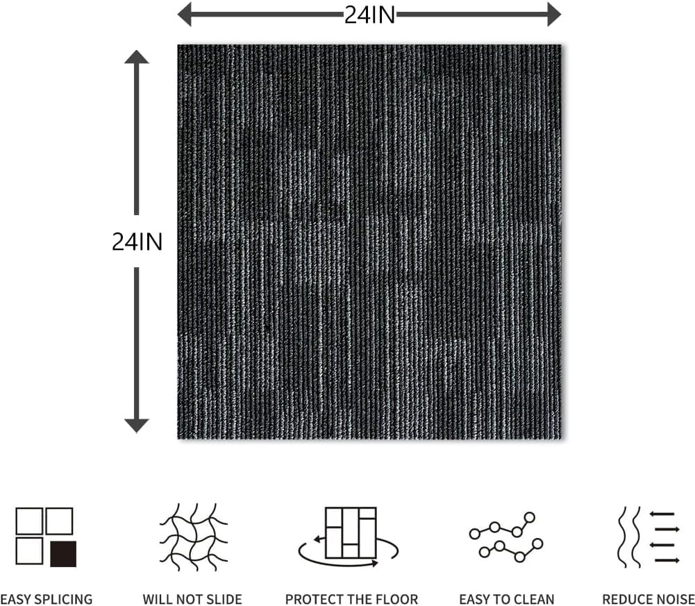 petgrow commercial carpet tiles, 24" x 24" squares, 18 tiles, 72 sq ft, non-slip soft floor carpet for office, bedroom, living room, kitchen, garage,easy diy installation with flexlok tabs gray