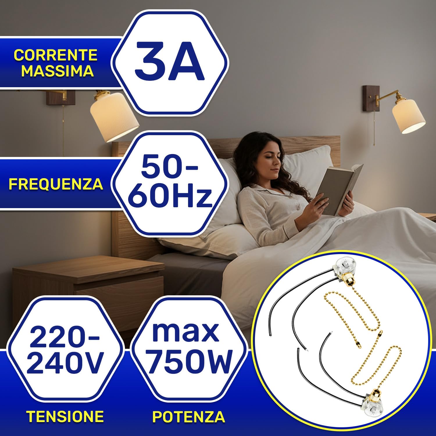 2 Pezzi Interruttore a Corda per Luce con Catena da 300 mm 750W 220-240V - Garanzia di 10 Anni - MONTERAL