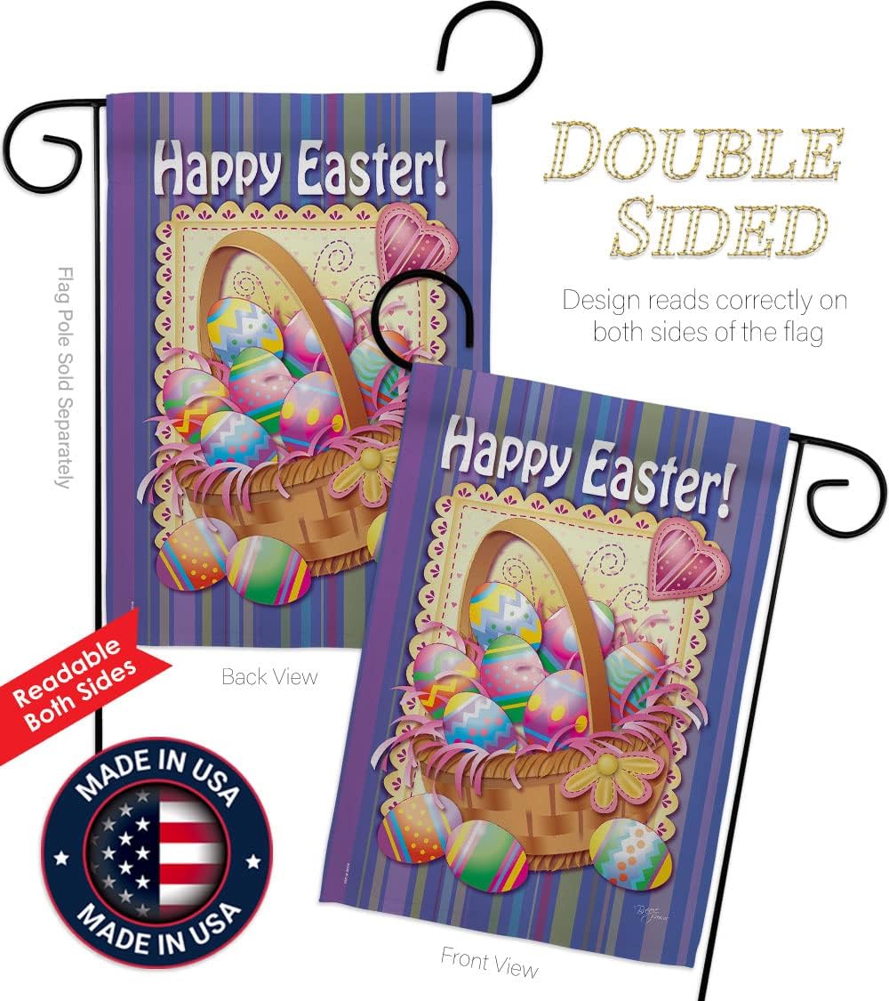 Breeze Decor Easter Basket Garden Spring Happy Bunny Egg Christian Season Springtime Holiday House Decoration Banner Yard Gift Double-Sided, Small Flag Set w Wall Holder, Made in USA