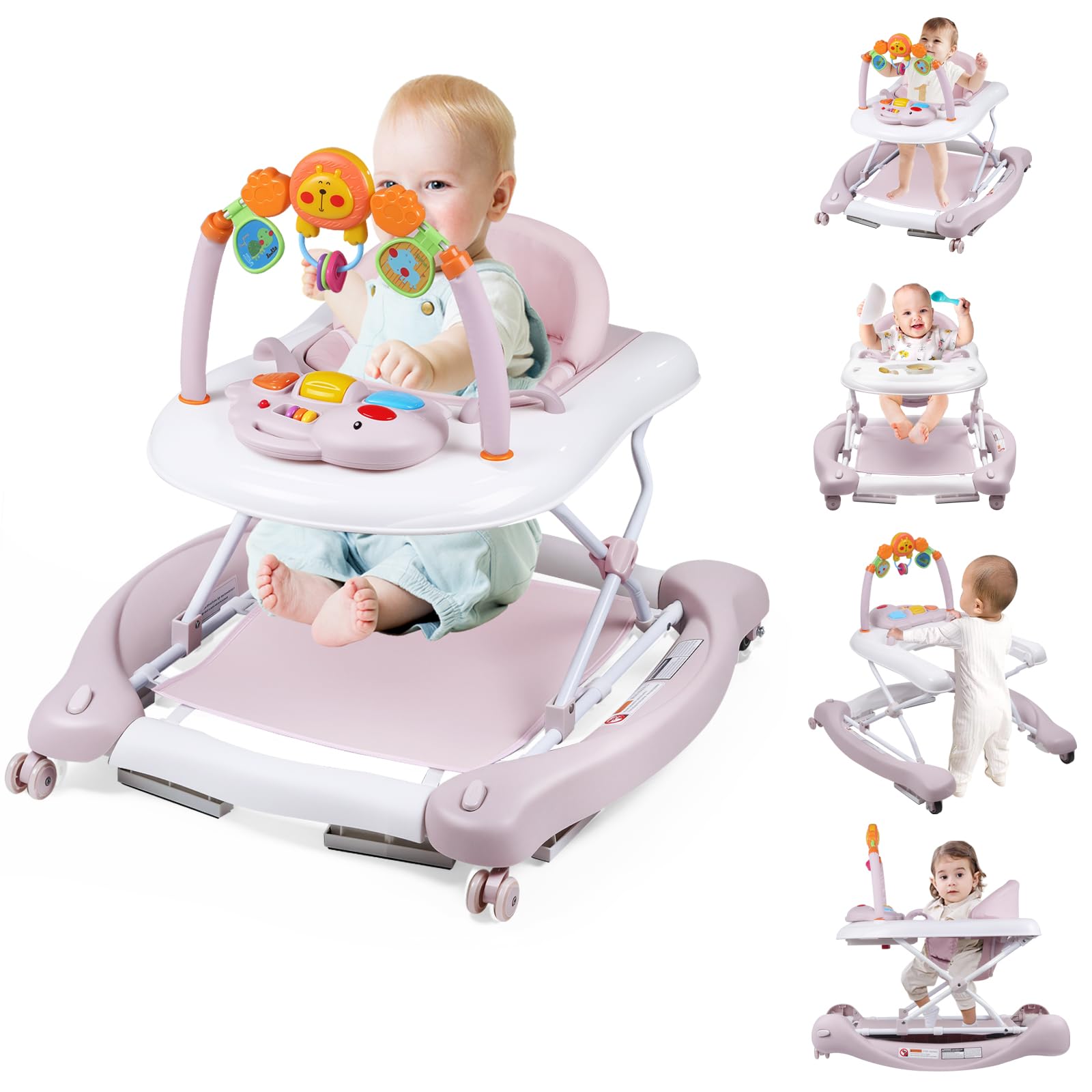 Boyro Baby 베이비 워커, 5-in-1 남아 및 여아용 아기 워커, 바운서 포함, 탈착식 발판, 수유 트레이 및 음악, 접이식 및 조절 가능한 활동 보행기, 6-18개월 유아 유아용