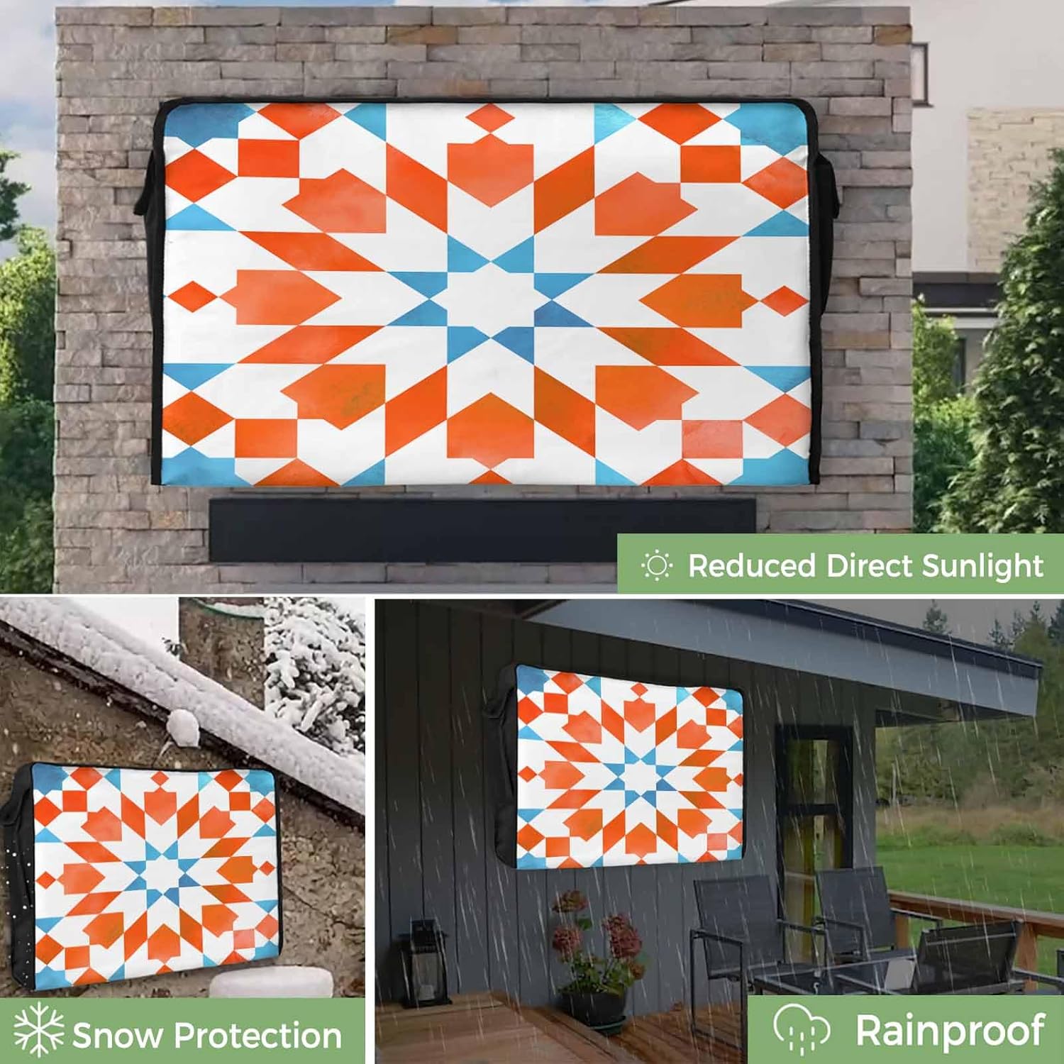 Outdoor TV Cover 43 Inch Orange Blue Boho TV Enclosure Geometric Bohemian TV Covers for Outside TV Display Screen Protector with Remote Control Pocket Home Decor