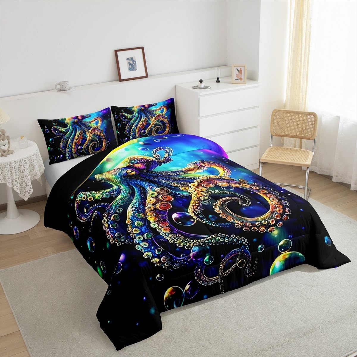 jejeloiu Octopus Comforter Set Queen Size Ocean Kraken Comforter for Boys Girls Teens Tentacles Bedding Set Sealife Sea Animal Duvet Set Room Decor Olive Black Quilt Set