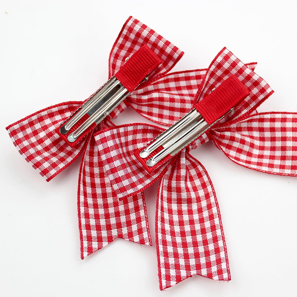 2PCS Gingham Hair Bows for Girls, 3 Inch Red and White Plaid Checkered Bow Clips, Non-Slip Handmade Ribbon Hair Accessories for Toddlers Kids and Teens, Perfect for School & Holiday Outfits