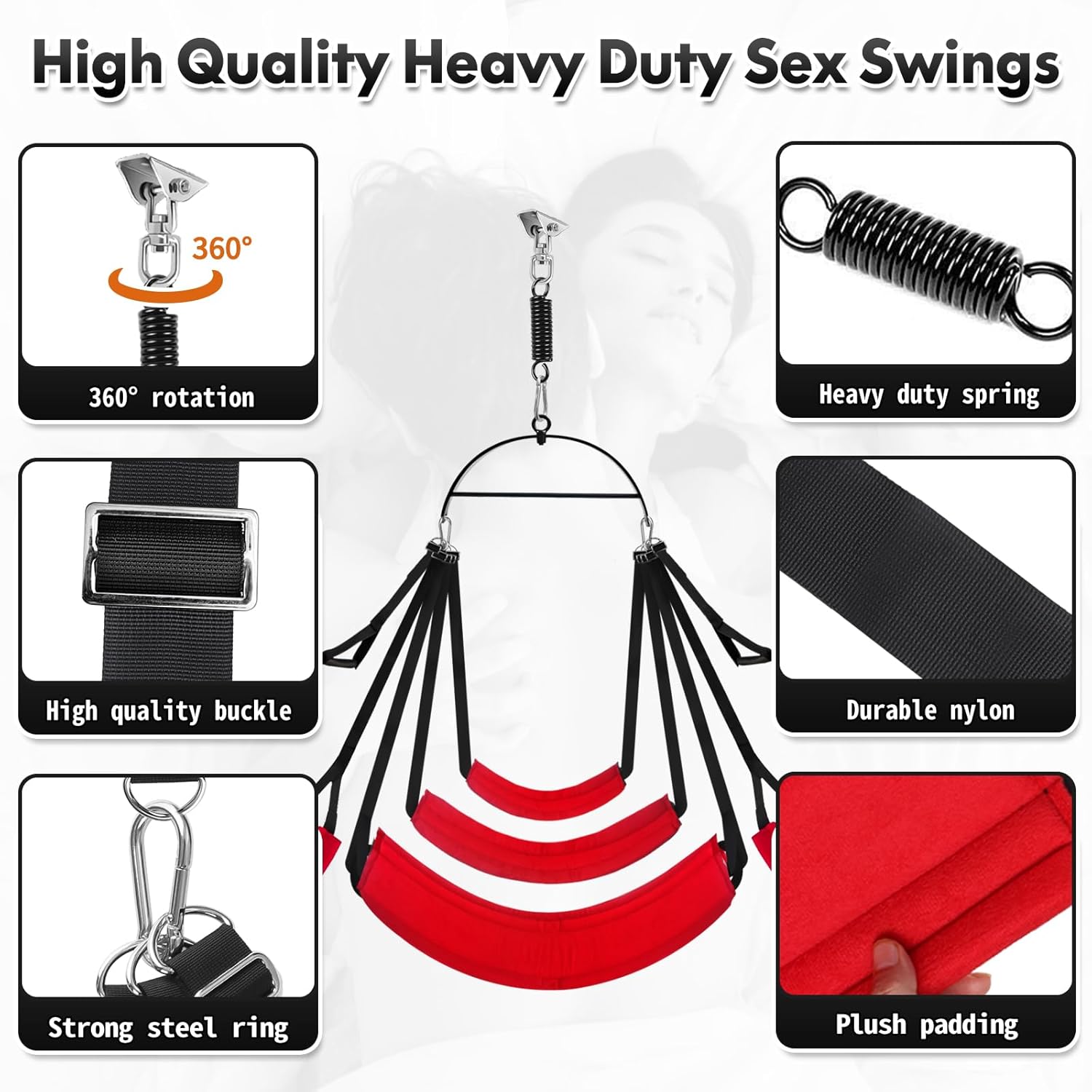 Sex Swing for Couples, 2-in-1 Door & Ceiling Sex Swings with 360° Rotation, Widened Padded Seat & Adjustable Straps for Ultimate Support (Red)