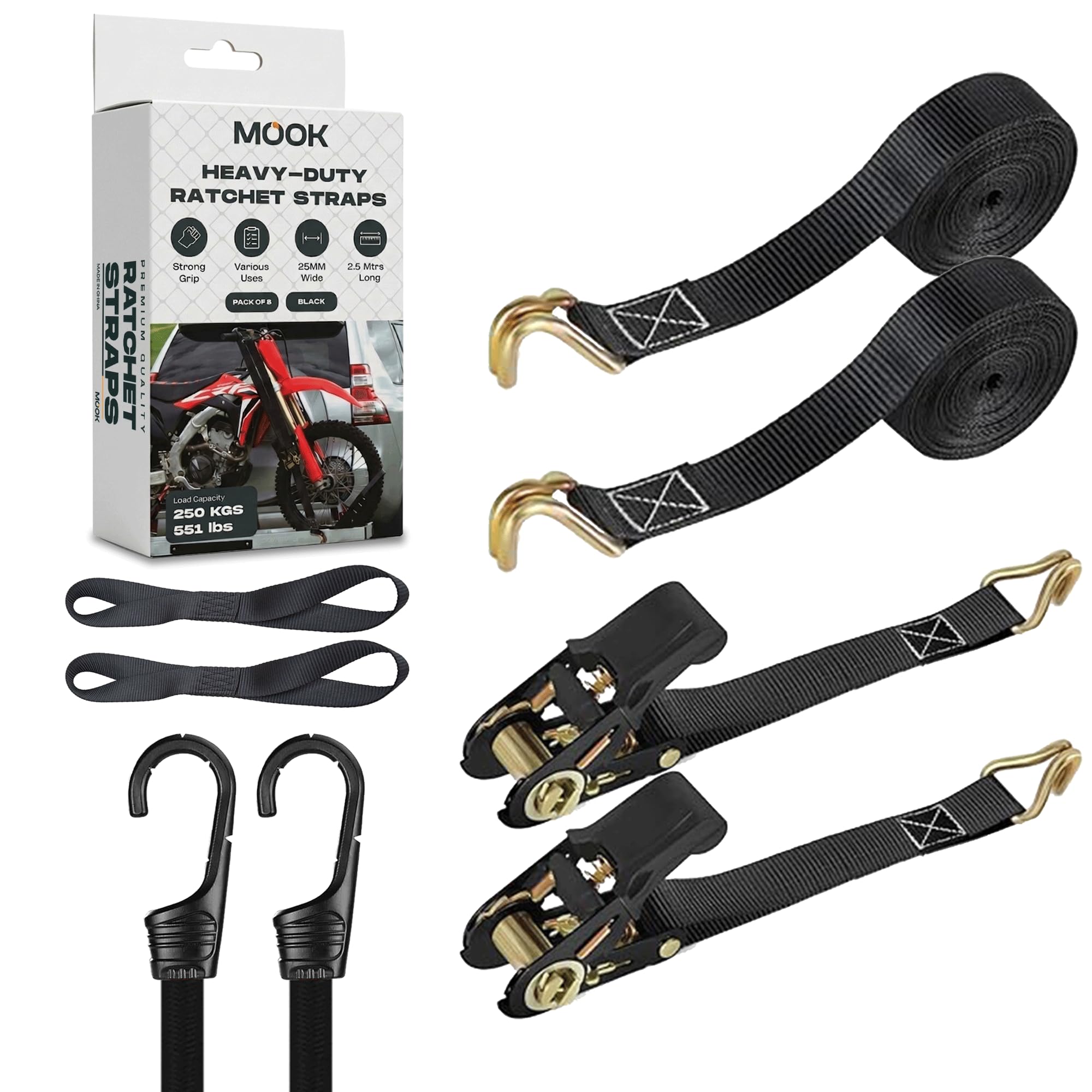 MOOK 2PCs Heavy Duty Ratchet Straps with Hooks – 2PCs, 2.5Mx25MM Tie Down Straps with J Hooks, 2 Soft Loops, 2 Bungee Cords – 250KG Load Capacity – Secure Cargo for Car, Trailer, Motorcycle –08PCs Set