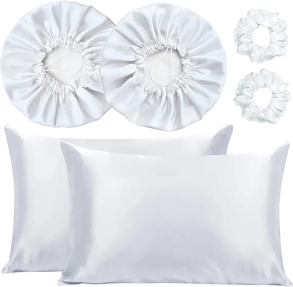 Kit 2 Fronha De Cetim Seda + 2 Toucas + 2 Xuxinhas (Branco)