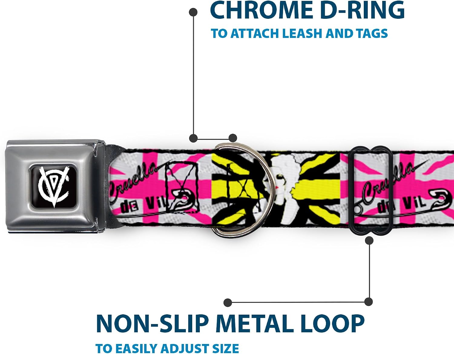 Dog Collar Seatbelt Buckle Cruella De Vil Safety Pin and Pose with Union Jack Blocks 11 to 16.5 Inches 1.0 Inch Wide