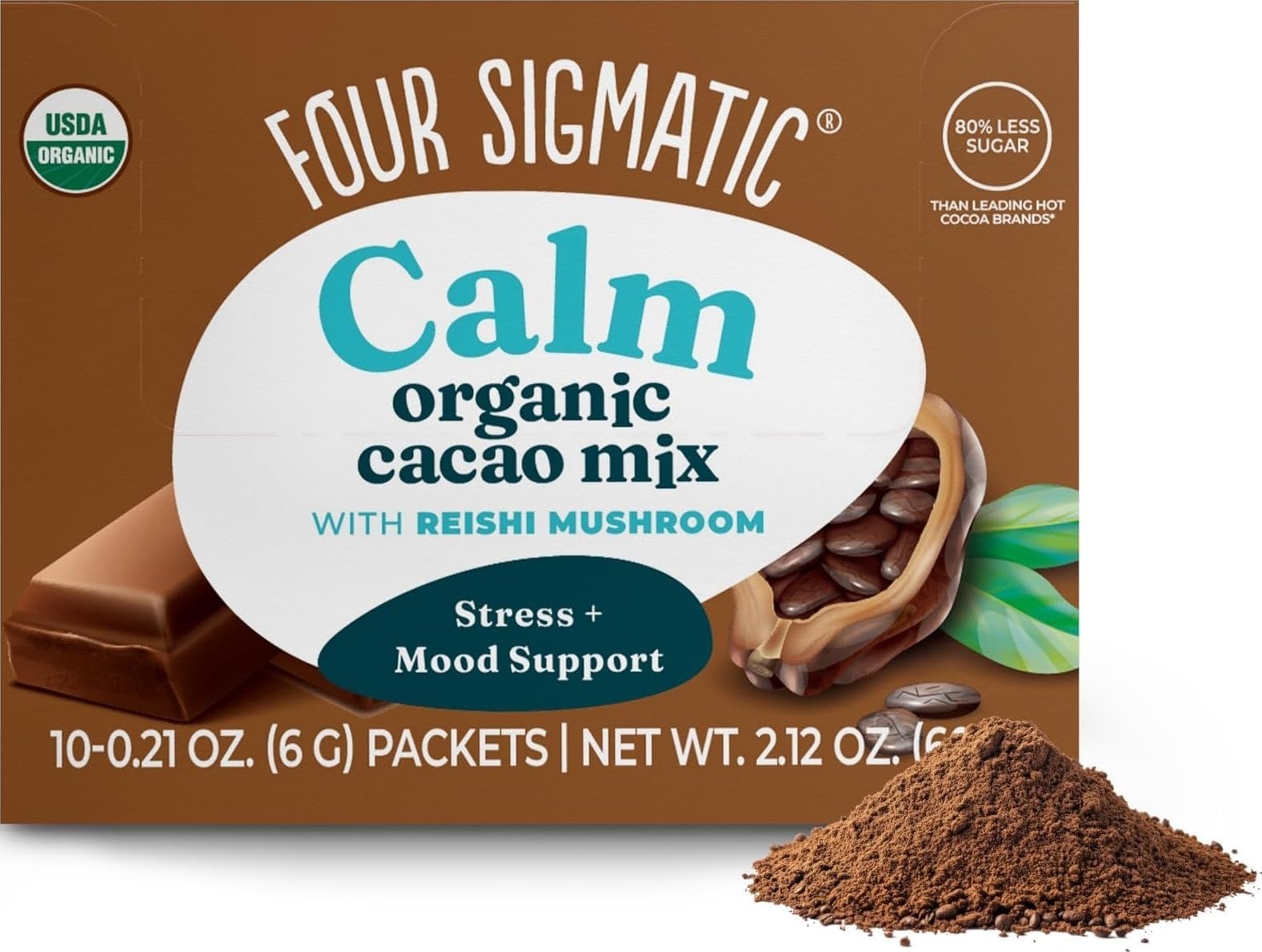 Four Sigmatic Calm Mushroom Cacao Mix | Organic Instant Cacao with Organic Reishi Mushroom Powder | Supports Calm & Relaxation | Drink it or Bake with it | Vegan, Gluten-Free, Dairy-Free | 10 Count