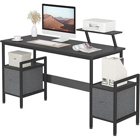 BANTI Computer Desk 55 Inch Home Office Multipurpose Writing Desk with Extra Storage Rack and Moveable Shelf,Black
