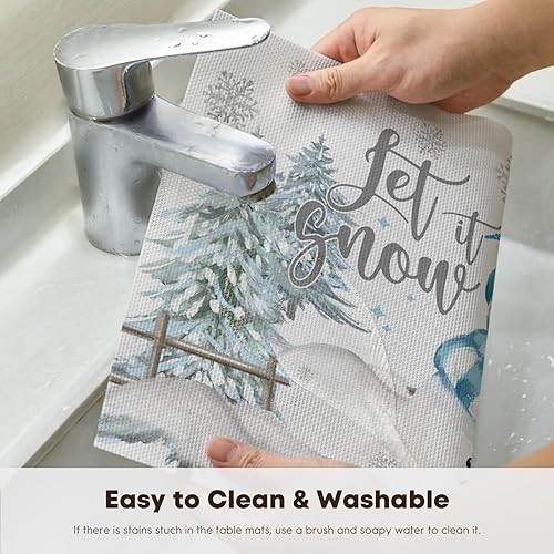 Miniatura 4 de Artoid Mode Juego de 4 manteles individuales de vinilo azul de Navidad, lavables a la nieve, resistentes al calor, para invierno, PVC, para