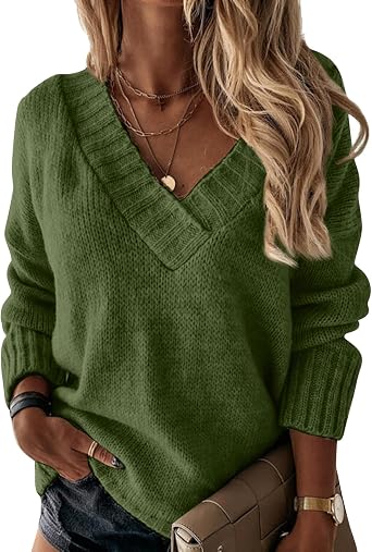 V Neck Sweaters for Women Loose Fit Cute Knit Lightweight Pullover Sweater