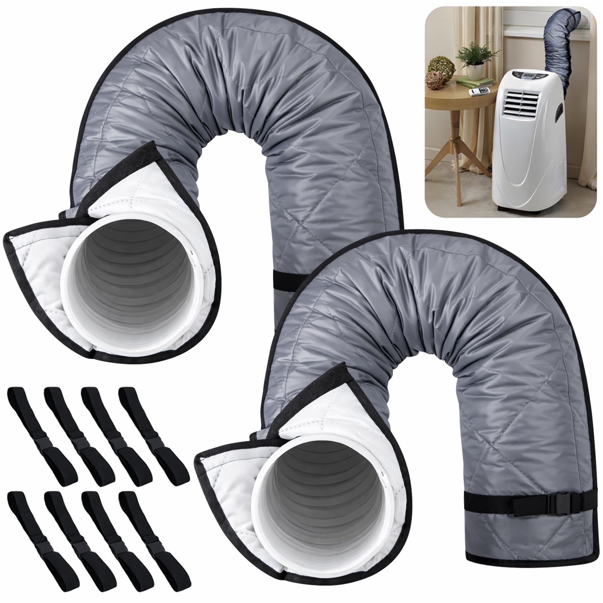 Tlswshsy 2 Set Quilting Air Conditioner Hose Cover, AC Insulated Hose Cover Wrap with 8 Adjustable Buckle Straps, Portable Air Conditioner Hoses Sleeve for 5''-5.9" Diameter Exhaust Duct Vent (Grey)