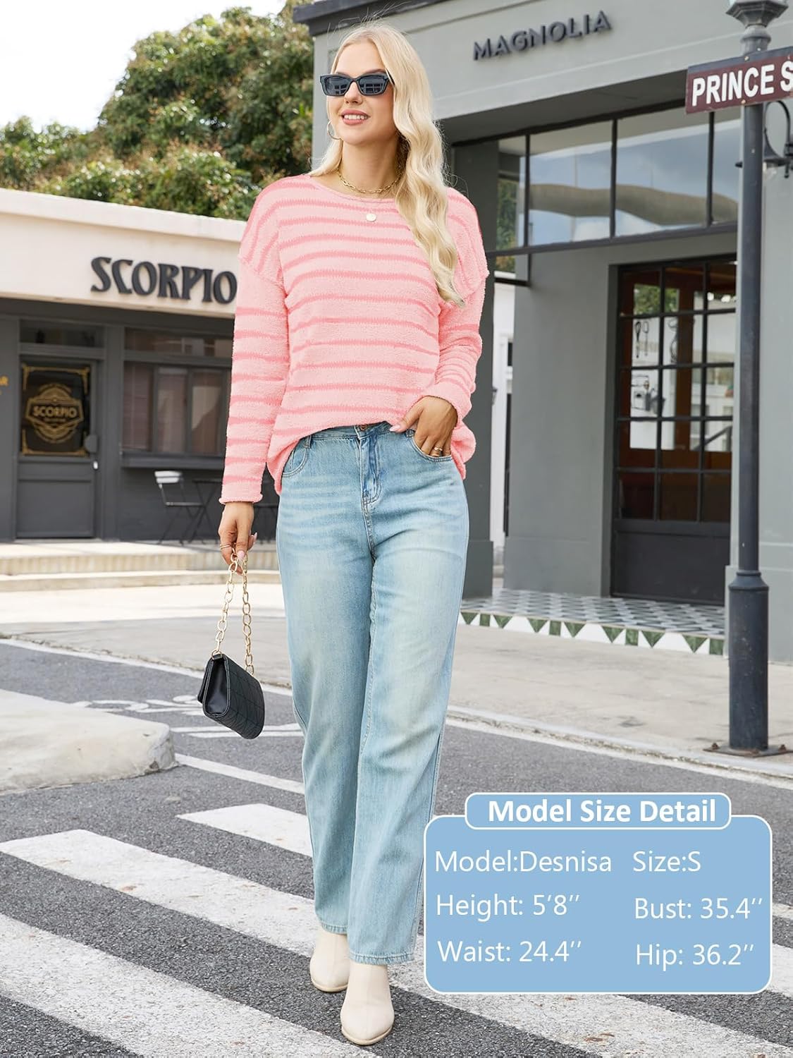 Women's Striped Sweater Soft Lightweight Fit Long Sleeve Crew Neck Knit Pullover Cute Casual Fuzzy Tops - Image 2