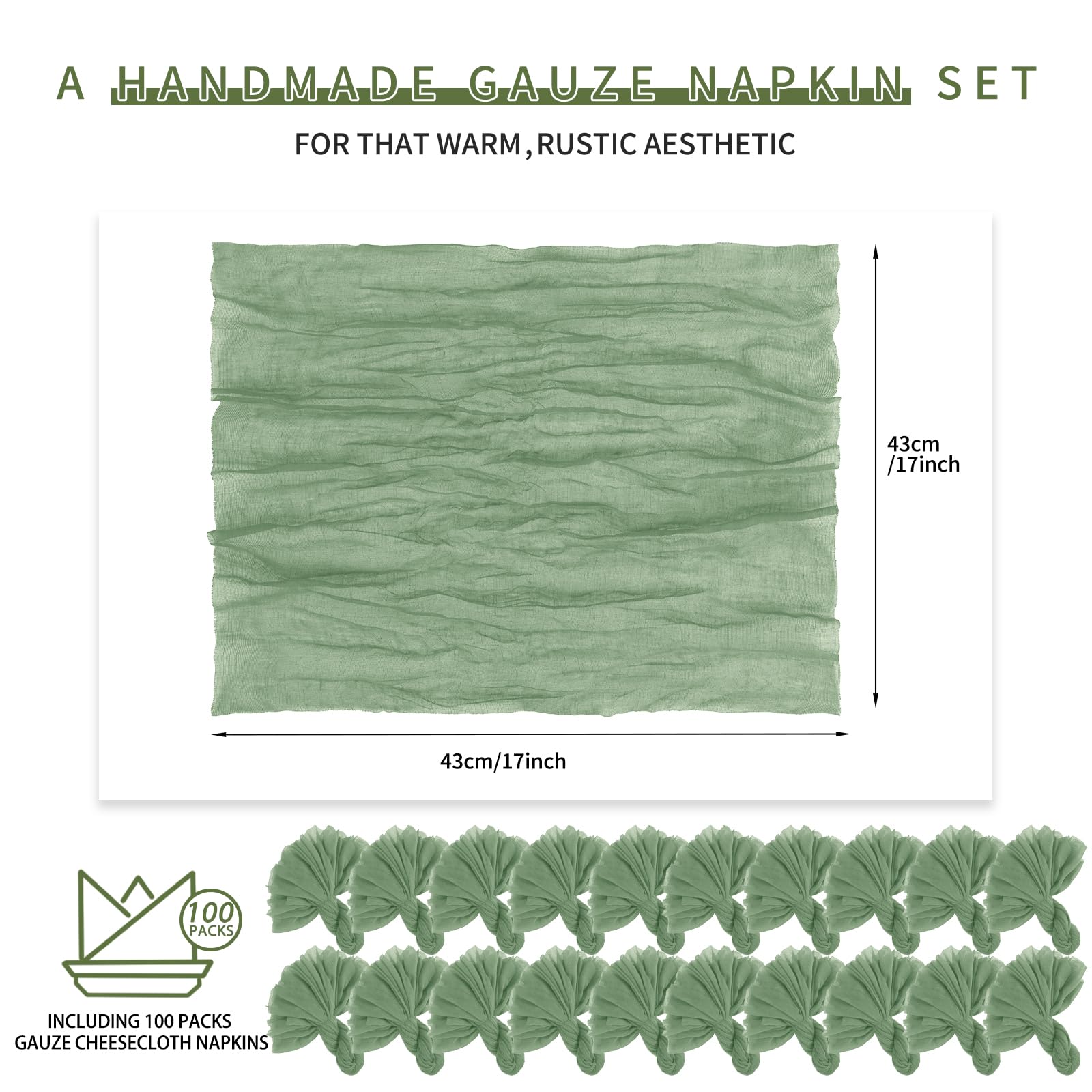 100 Pieces Cloth Napkins Sage Green Dinner Cheesecloth Napkins for Wedding,Wrinkled Cloth Napkins Bulk for Home Party Rustic Table Decoration, 17 x 17 Inch